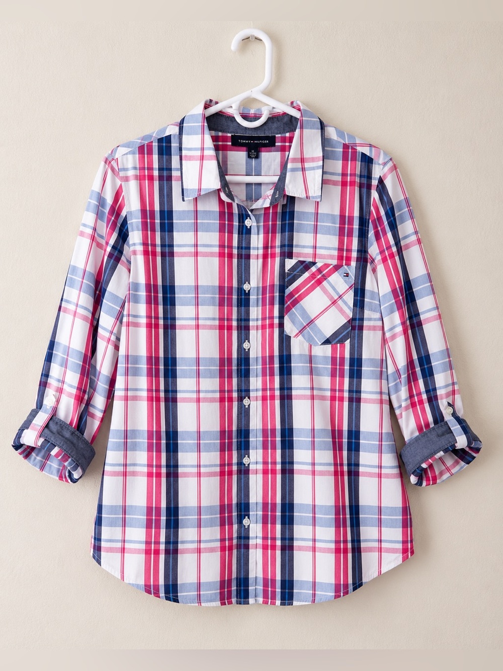 Tommy Hilfiger XL Pink Blue Plaid Cotton Button Down Shirt